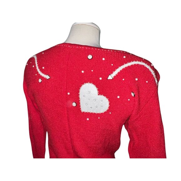Vintage Smiths Aspen Red Knit Sweater W/ White Heart Design & Beaded Detailing - Picture 4 of 12